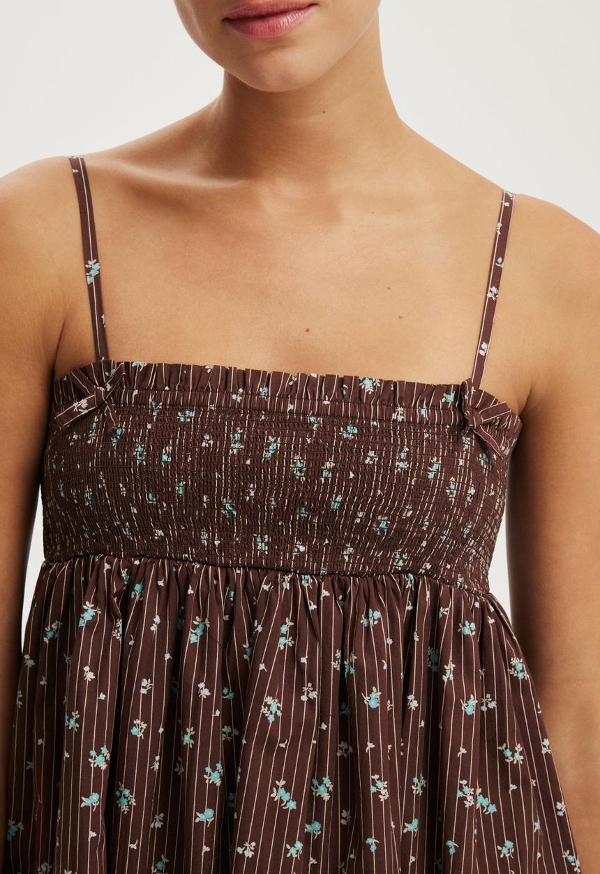 Cotton On - Eliza Babydoll Dress - Indy Pinstripe Ditsy Dark Oak