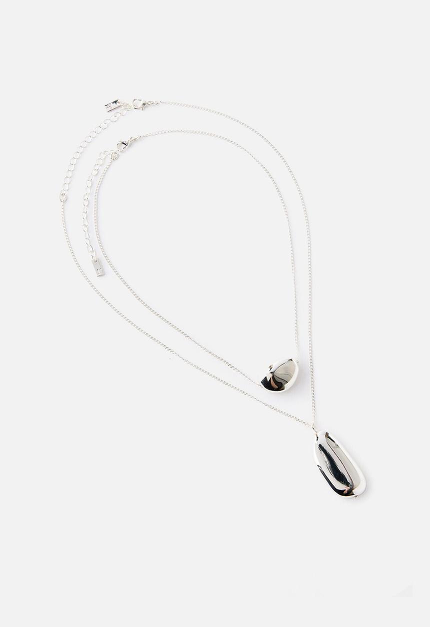 Rubi - 2Pk Pendant Necklace -Up Silver Double Pebble