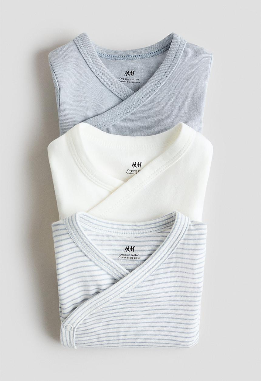 H&M - 3-Pack wrapover bodysuits - light dusty blue/striped