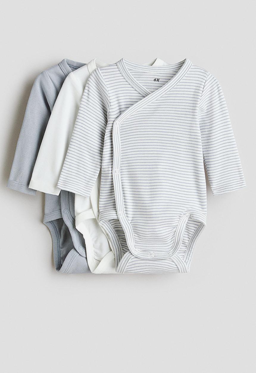 H&M - 3-Pack wrapover bodysuits - light dusty blue/striped