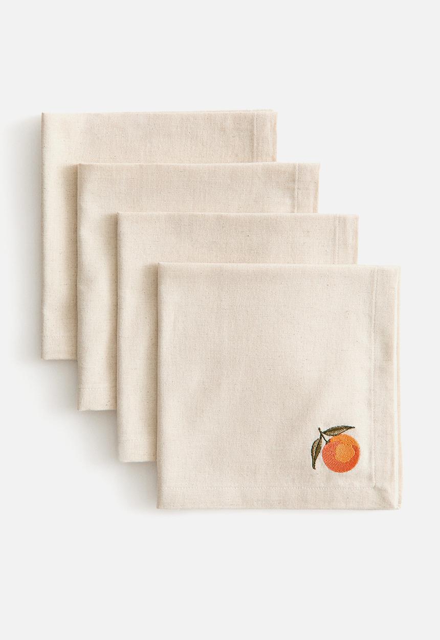 H&M - 4-Pack embroidery-detail linen-blend napkins - light beige/orange
