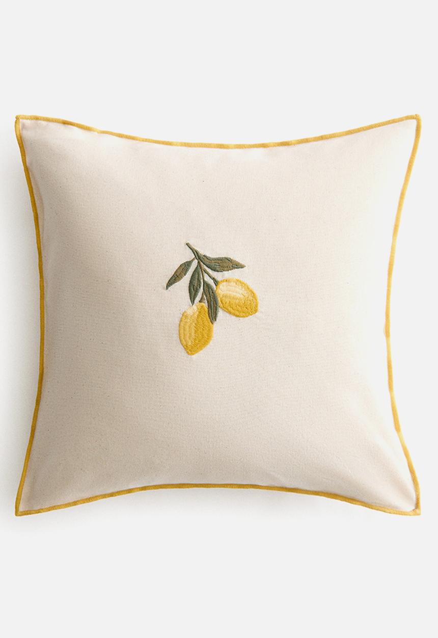 H&M - Embroidery-motif cotton cushion cover - light beige/lemons