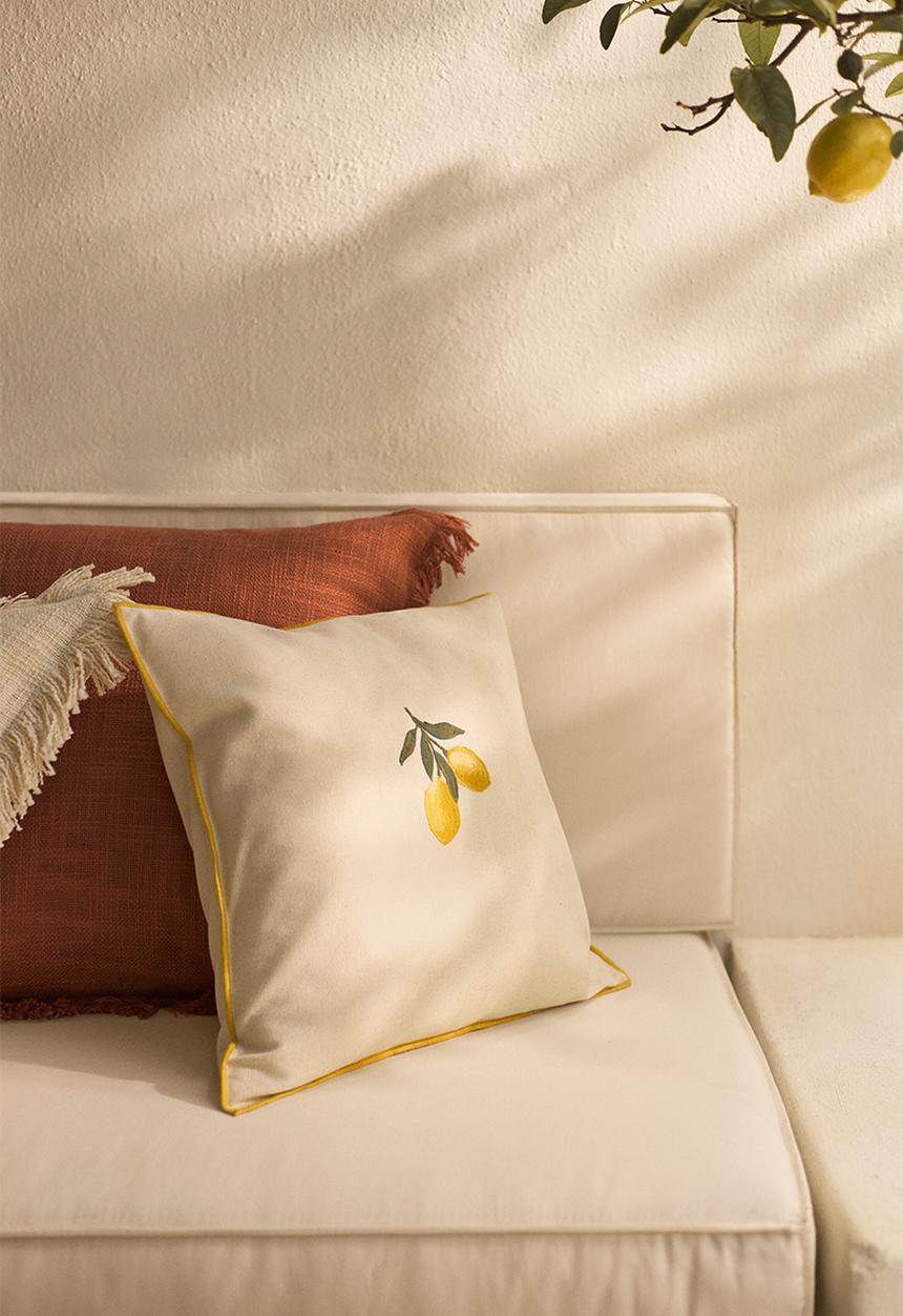 H&M - Embroidery-motif cotton cushion cover - light beige/lemons