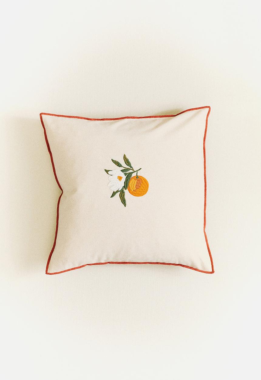 H&M - Embroidery-motif cotton cushion cover - light beige/orange