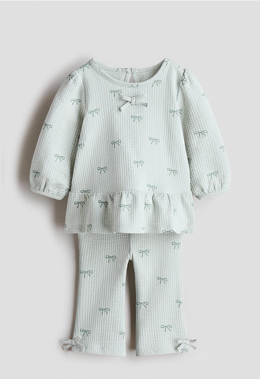 H&M - 2-Piece waffled cotton set - light turquoise/bows