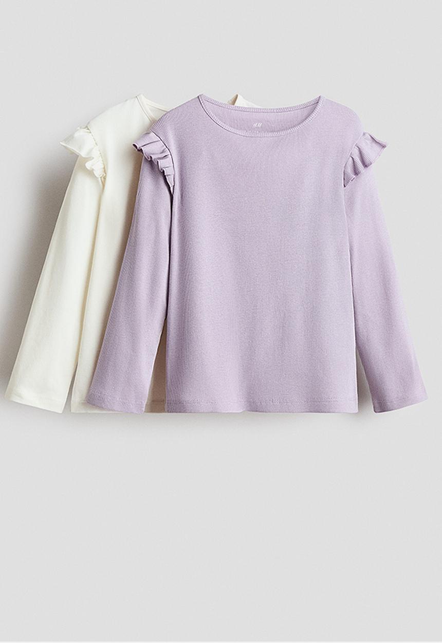 H&M - 2-Pack frill-trimmed jersey tops - dusty purple/white