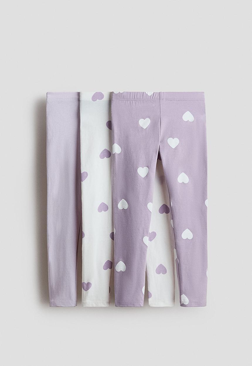 H&M - 3-Pack cotton jersey leggings - white/lilac hearts