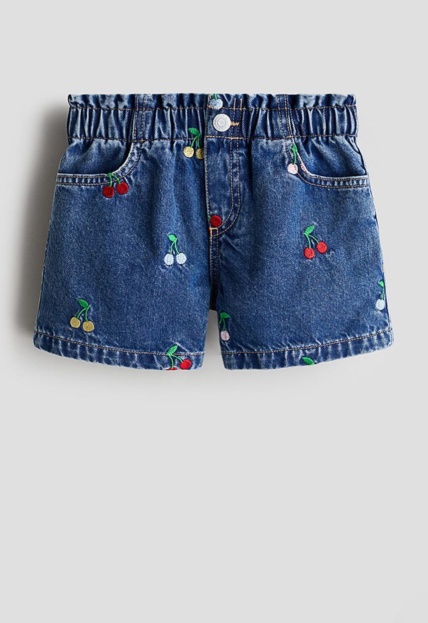 H&M - Embroidered-motif denim shorts - denim blue/cherries