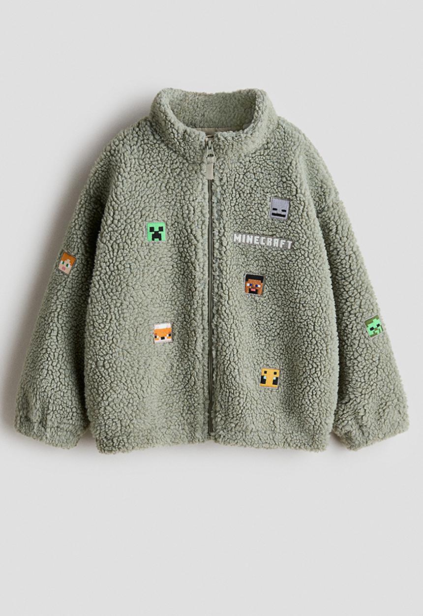 H&M - Appliqu?d teddy jacket - dusty green/minecraft