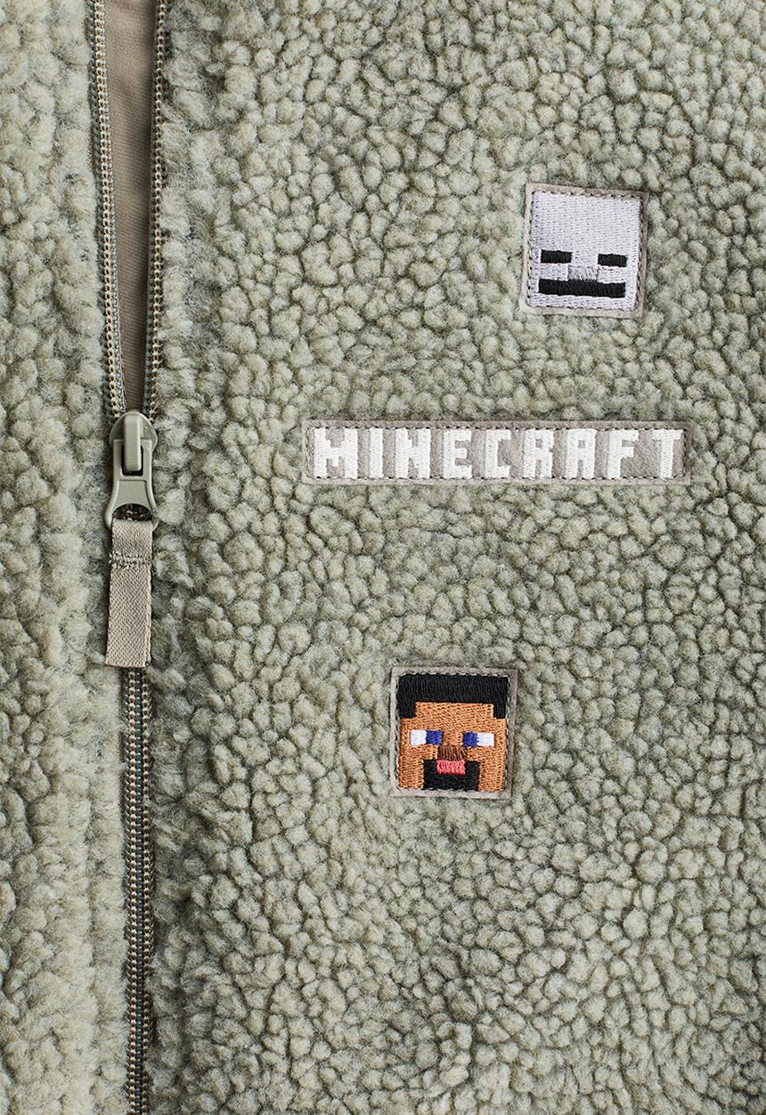 H&M - Appliqu?d teddy jacket - dusty green/minecraft