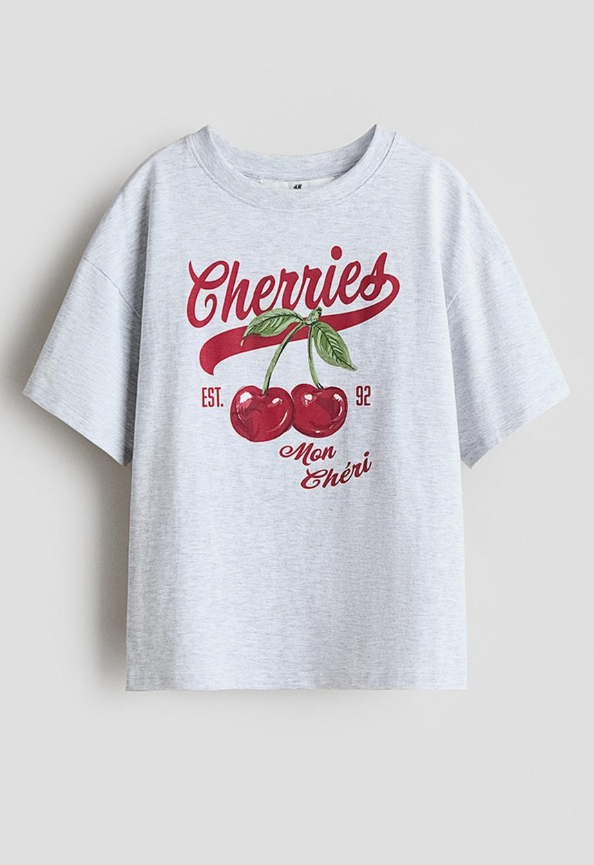 H&M - Print-motif cotton t-shirt - light grey marl/cherries