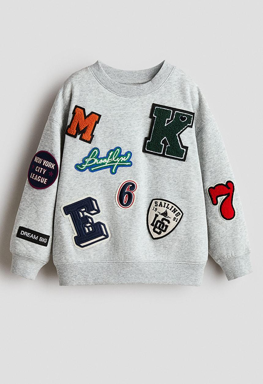 H&M - Appliqu?d brushed-inside sweatshirt - light grey marl/patches