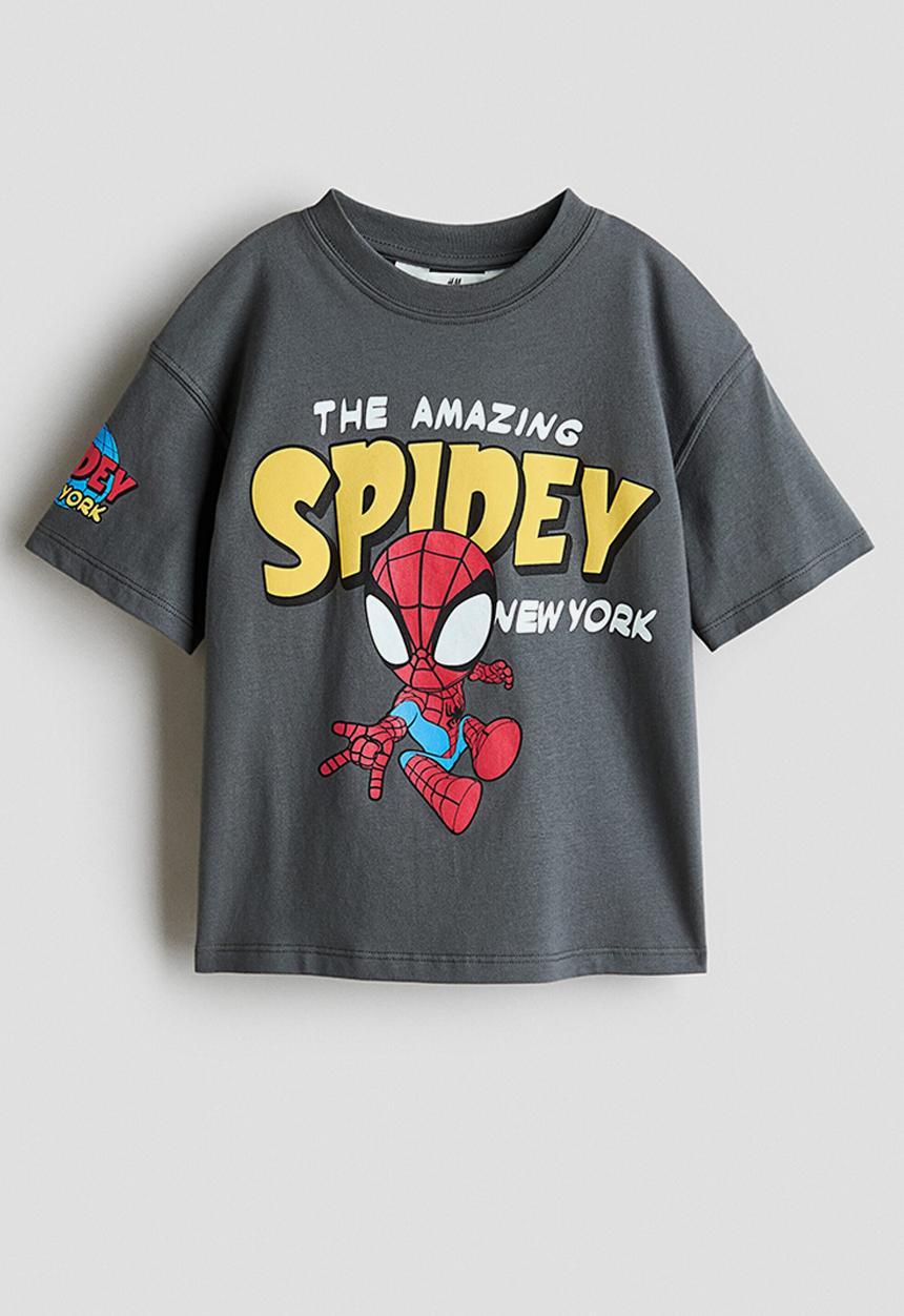 H&M - Loose-fit printed T-shirt - grey/spider-man