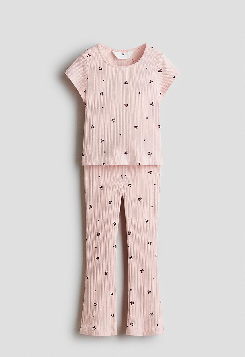 H&M - 2-piece ribbed cotton set - light dusty pink/cherries