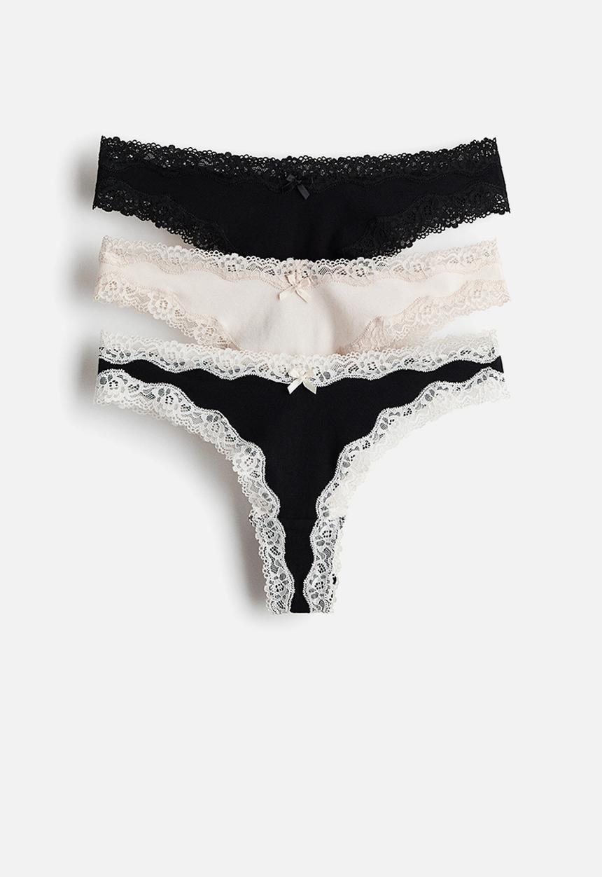 H&M - 3-pack cotton and lace brazilian briefs - black/light beige