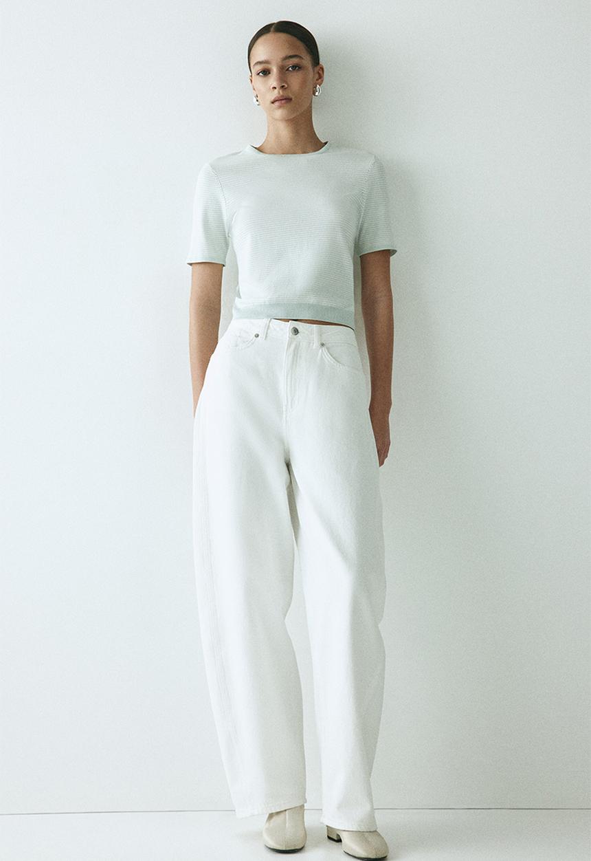 H&M - Fine-knit t-shirt - white/light green striped