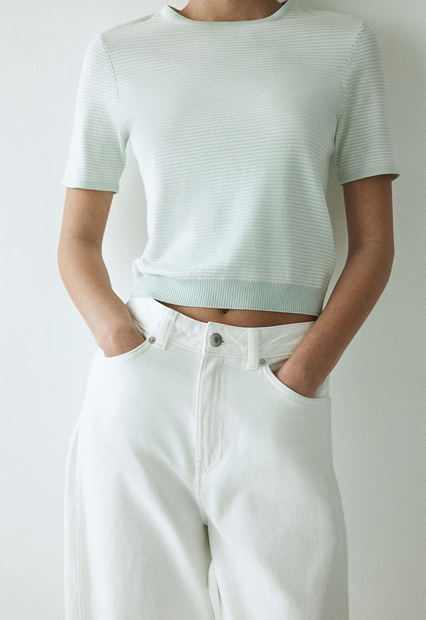 H&M - Fine-knit t-shirt - white/light green striped