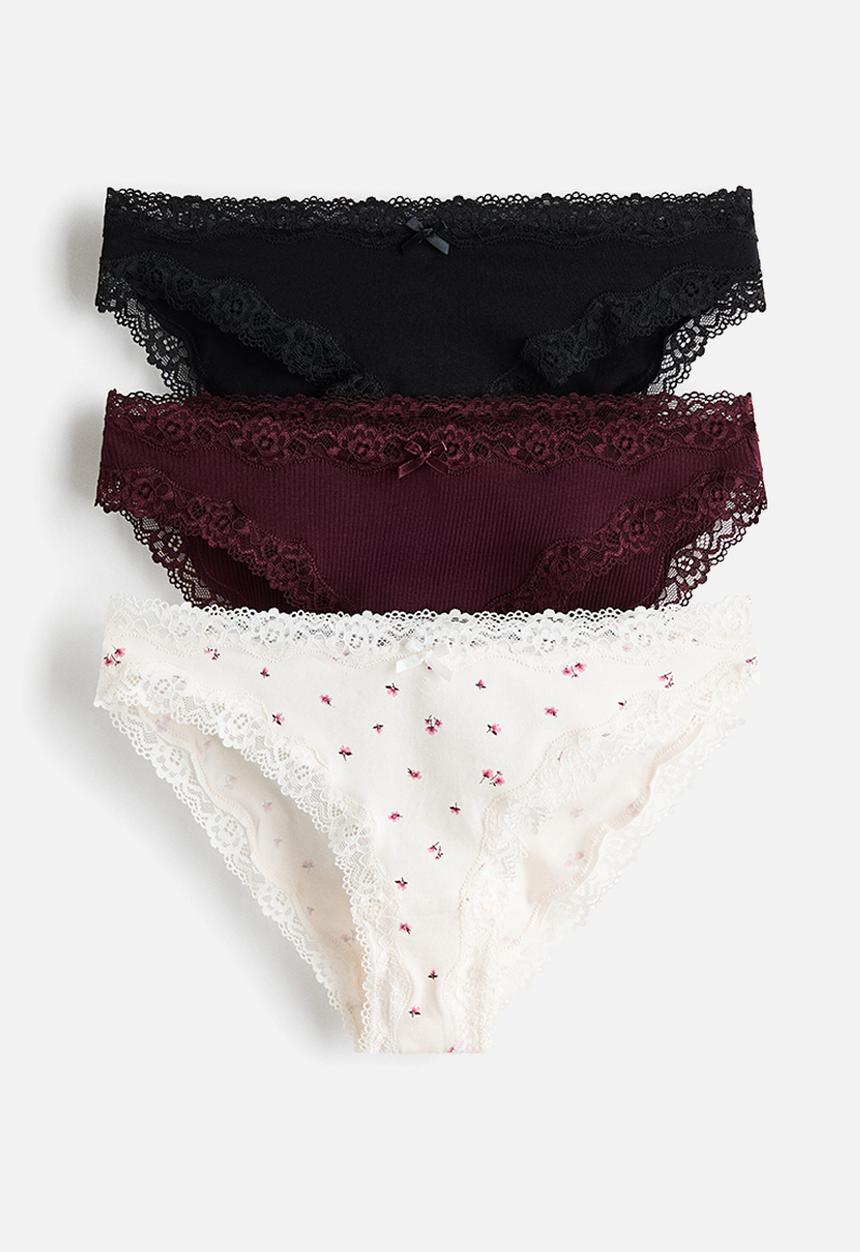 H&M - 3-Pack lace-trimmed cotton briefs - black/burgundy/white
