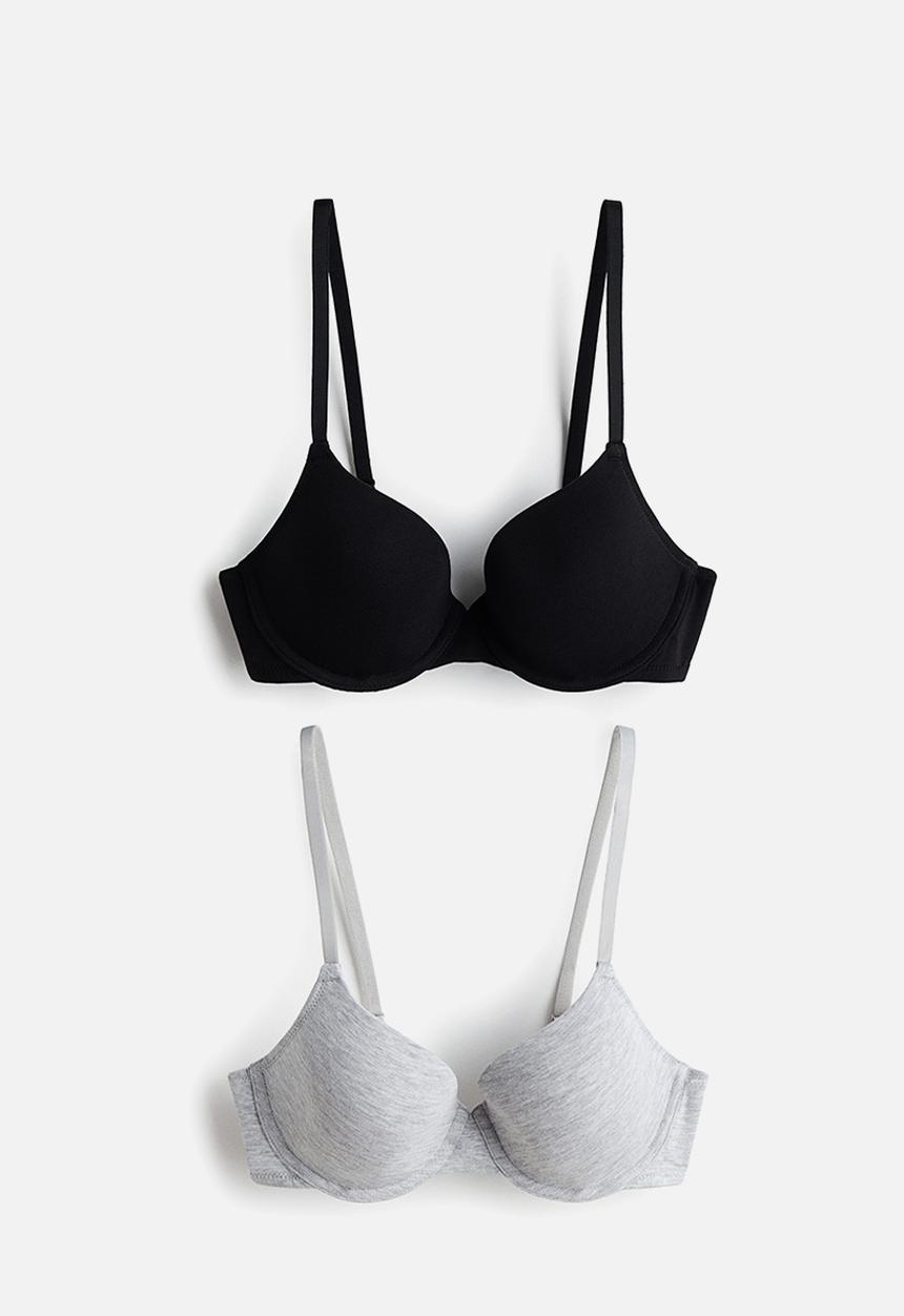 H&M - 2-Pack padded underwired cotton bras - black/light grey marl