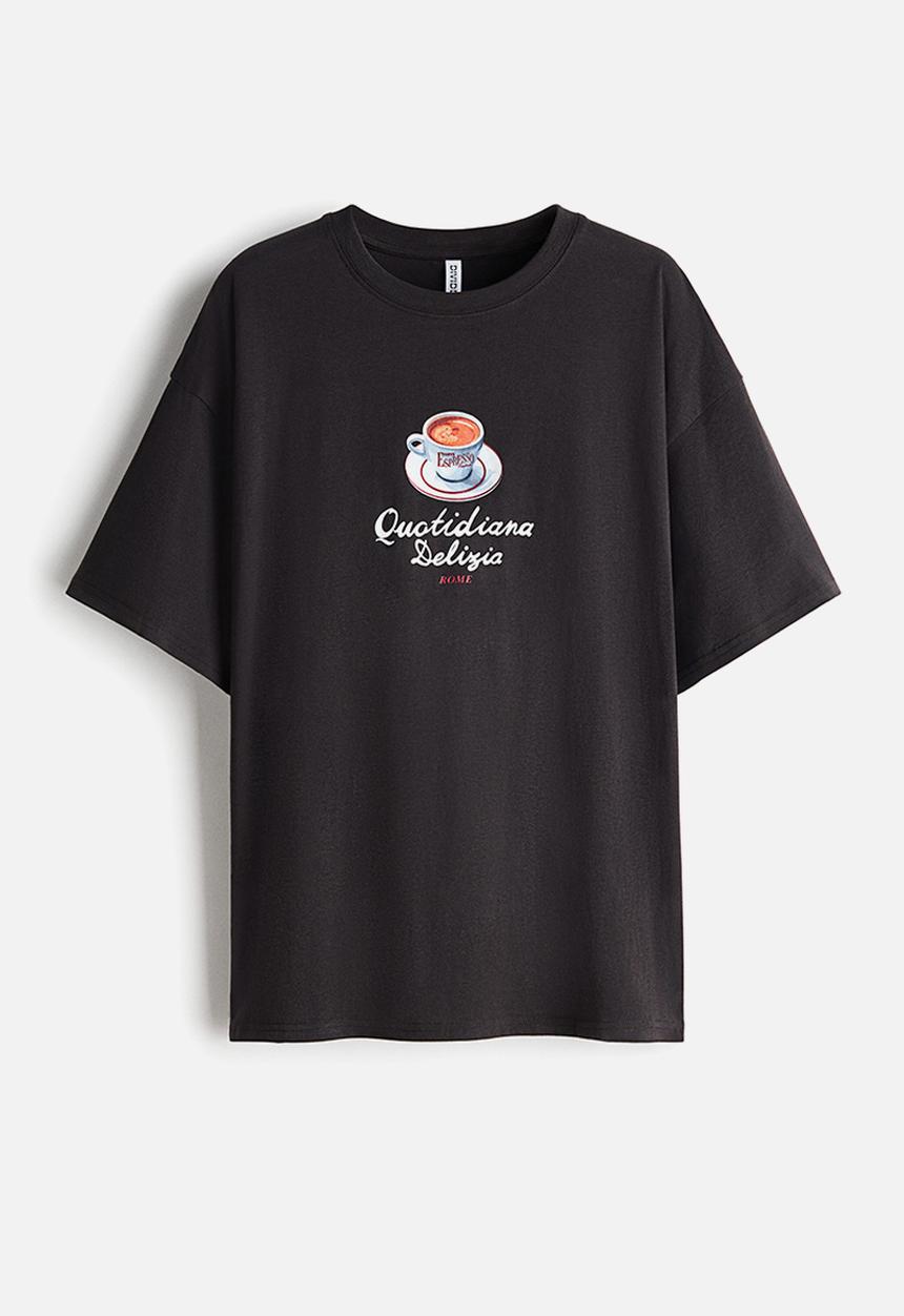 H&M - Oversized print-motif t-shirt - dark grey/espresso