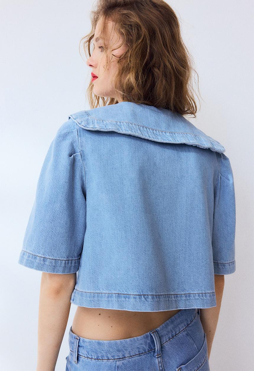 H&M - Collared denim blouse - light denim blue/flowers