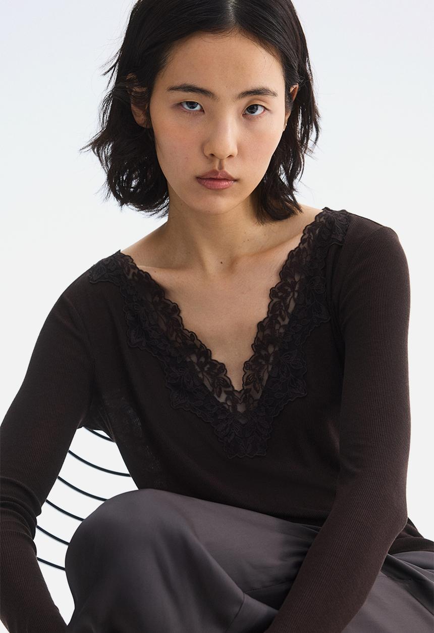 H&M - Lace-trimmed top - dark brown