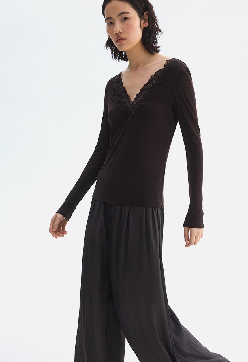 H&M - Lace-trimmed top - dark brown