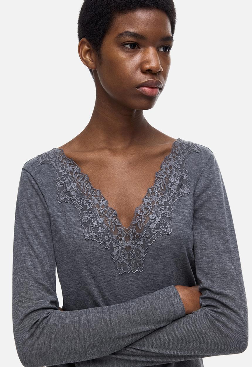 H&M - Lace-trimmed top - dark grey marl