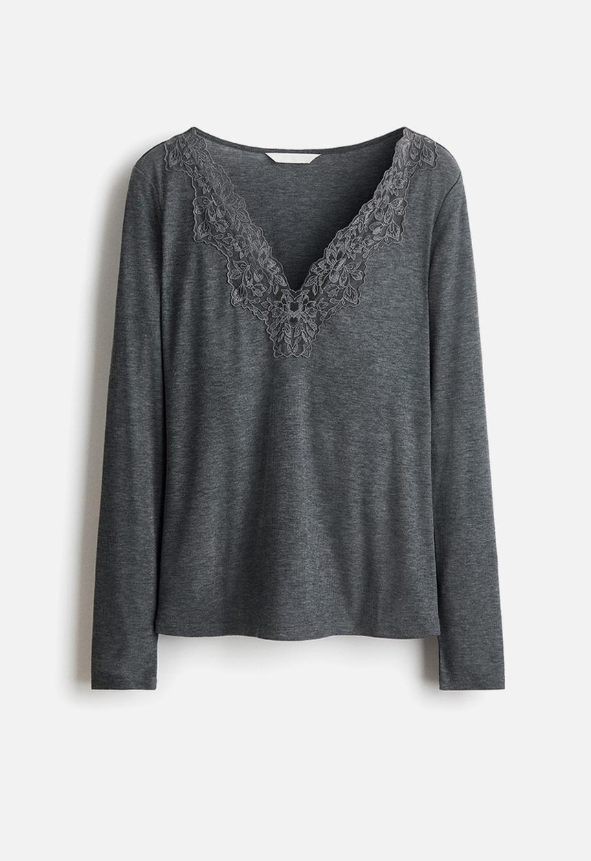 H&M - Lace-trimmed top - dark grey marl
