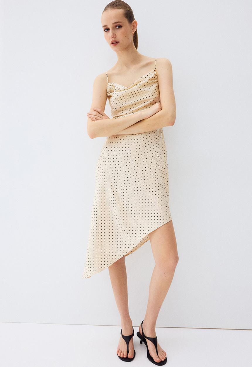 H&M - Asymmetric satin dress - light beige/spotted