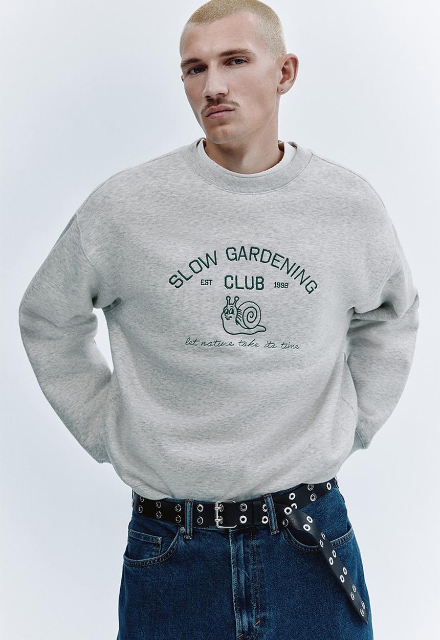 H&M - Relaxed fit embroidery-motif sweatshirt - grey marl/slow gardening club