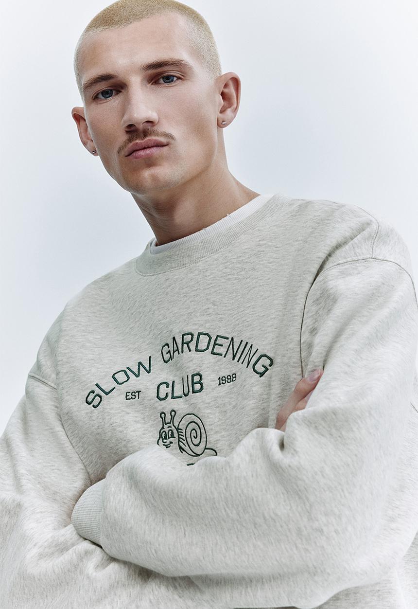 H&M - Relaxed fit embroidery-motif sweatshirt - grey marl/slow gardening club