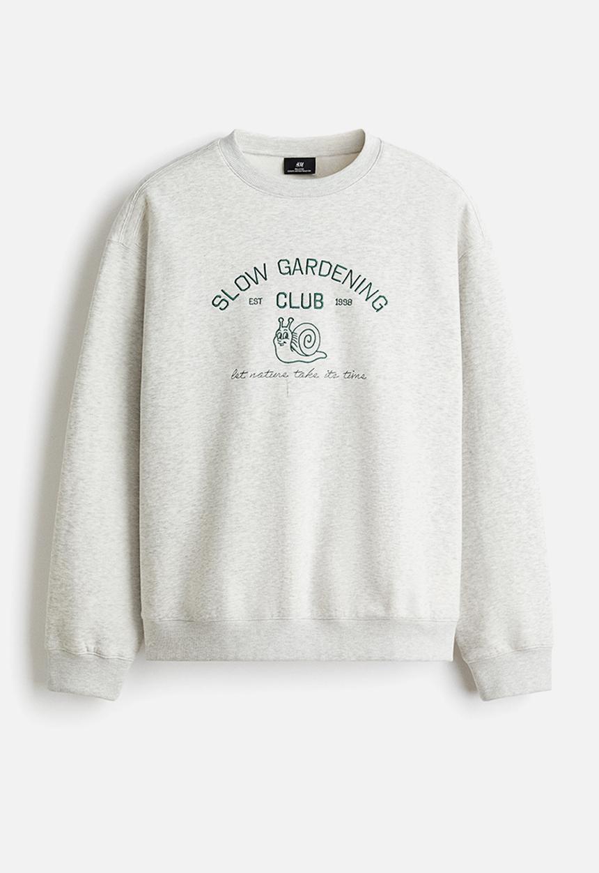 H&M - Relaxed fit embroidery-motif sweatshirt - grey marl/slow gardening club