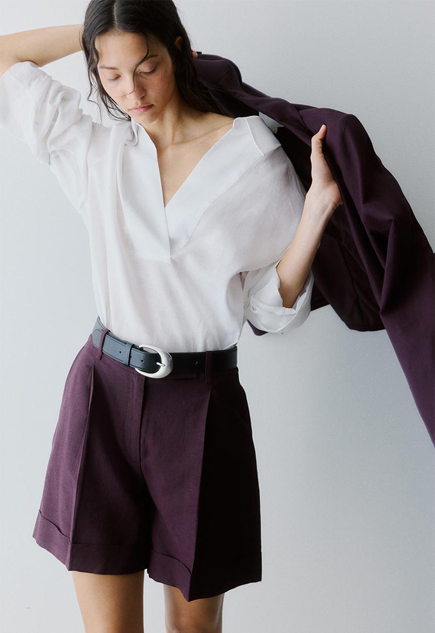 H&M - Tailored linen-blend shorts - dark plum purple