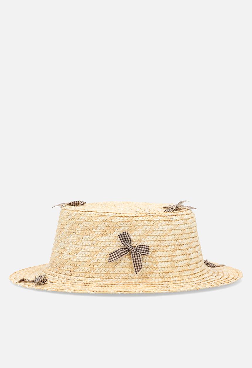 Pop Candy - Bow applique boater hat - neutral/brown gingham