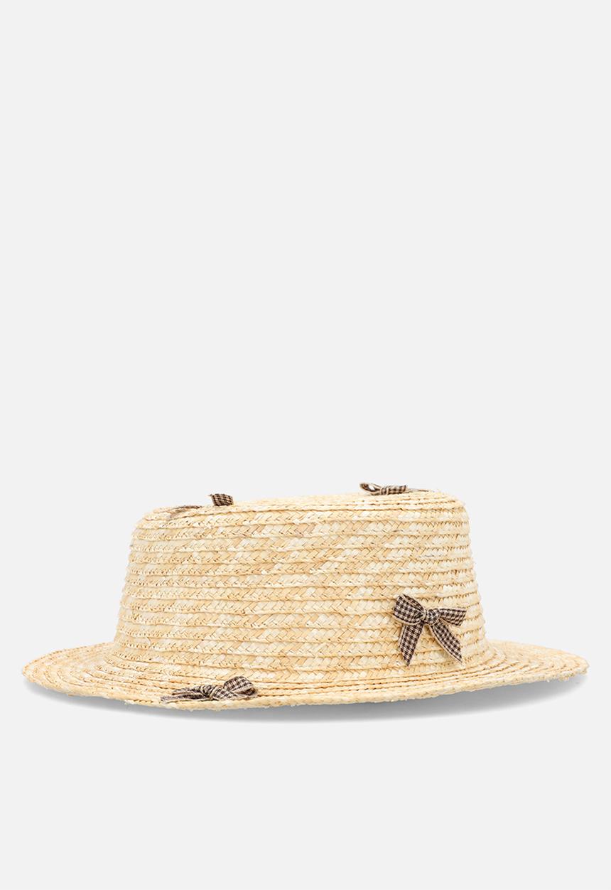 Pop Candy - Bow applique boater hat - neutral/brown gingham