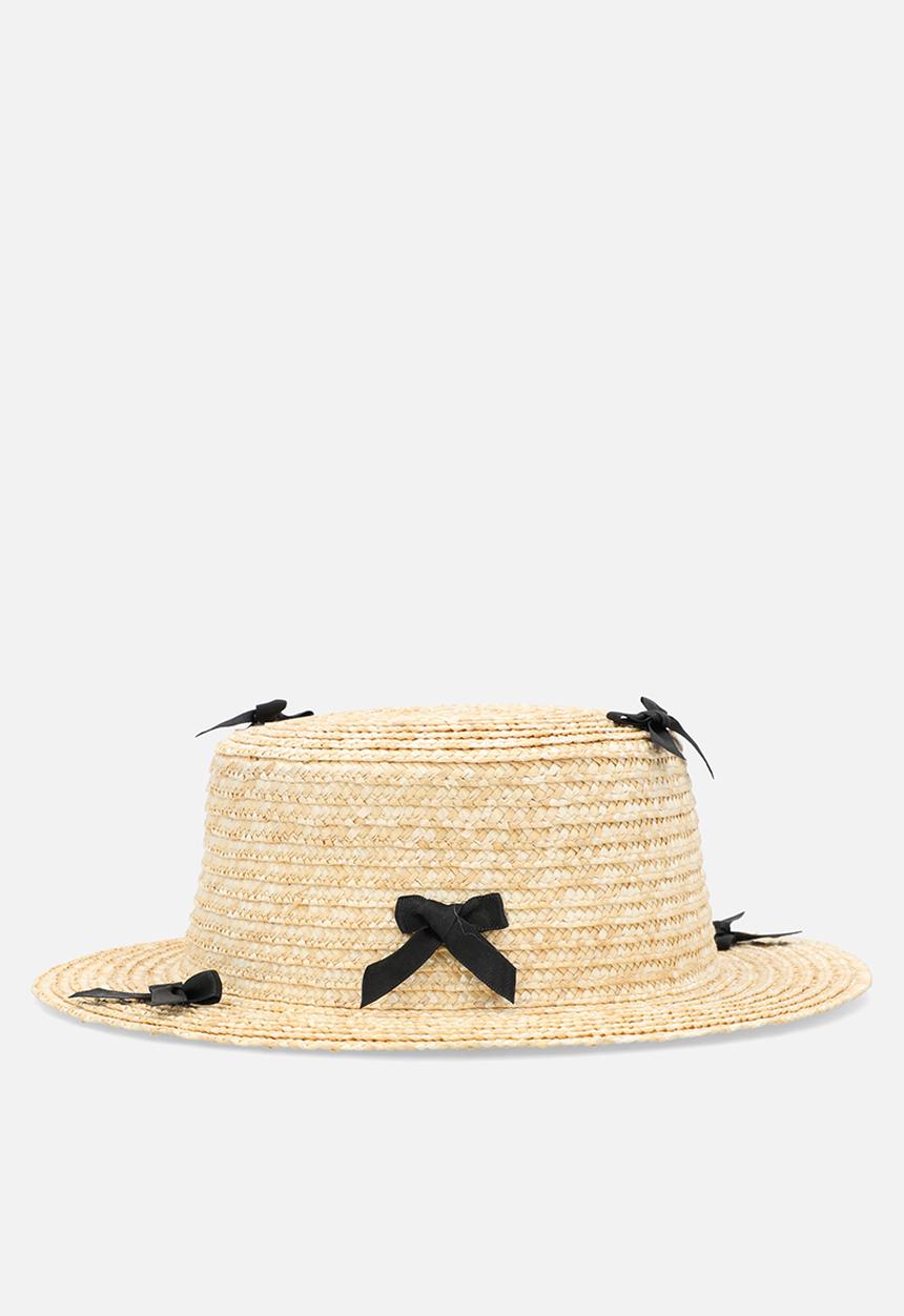 Pop Candy - Bow applique boater hat - neutral & black