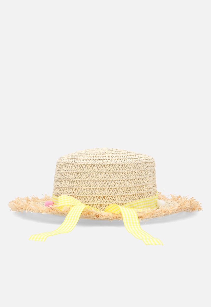 Pop Candy - Straw summer hat with pom pom ribbon - natural/yellow