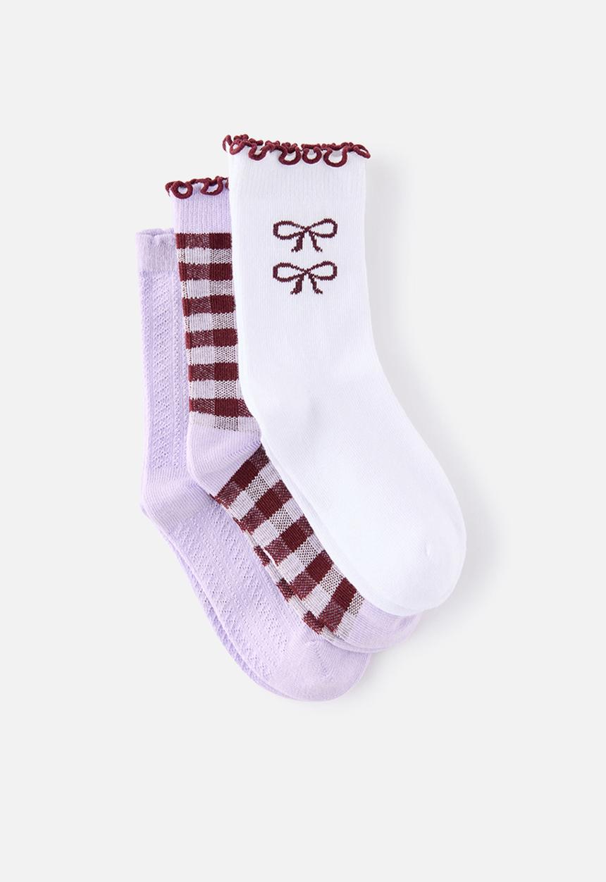 Cotton On - Kids 3Pk Crew Socks - Vintage Lilac/Bordeaux Bows