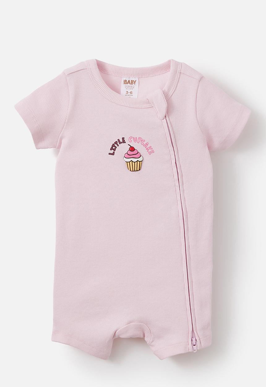 Cotton On - Growie Short Sleeve Zip Romper - Tea Party Pink/Little Cupcake