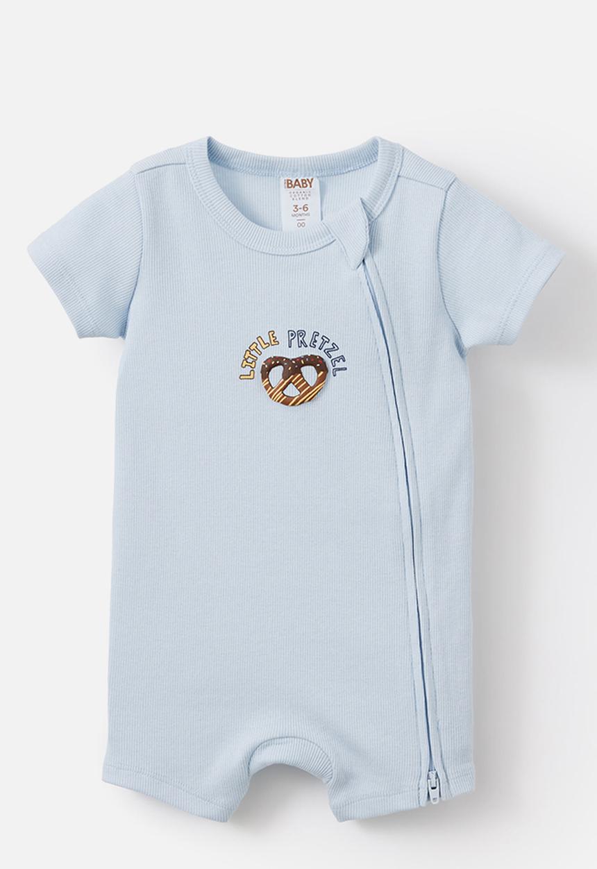 Cotton On - Growie Short Sleeve Zip Romper - Blue Whisper/Little Pretzel