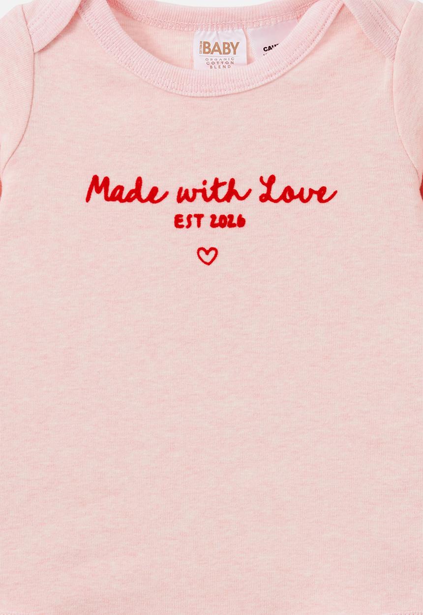 Cotton On - Organic Long Sleeve Bubbysuit - Pop Pink Marle/Made With Love
