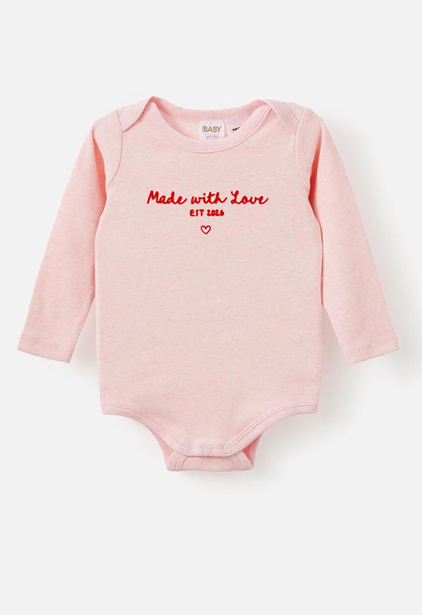 Cotton On - Organic Long Sleeve Bubbysuit - Pop Pink Marle/Made With Love