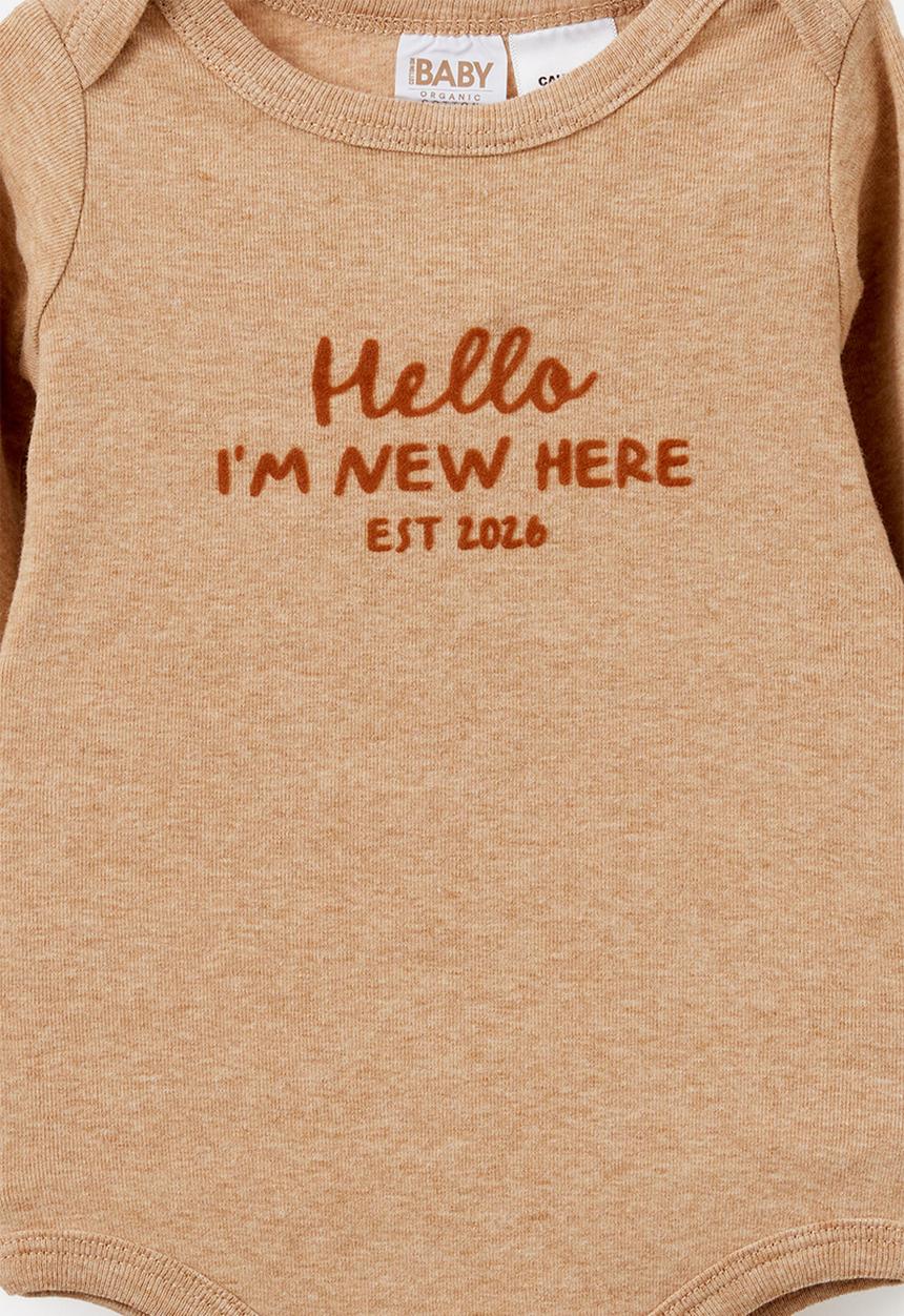 Cotton On - Organic Long Sleeve Bubbysuit - Caramel Fudge Marle/Hello