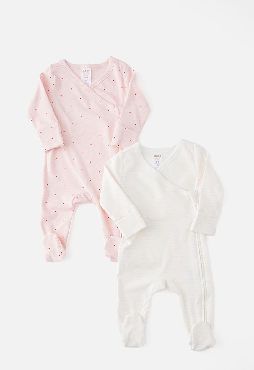 Cotton On - 2Pk Organic Wrap Zip Romper - Pop Pink Marle/Spot & Pop Pink Marle/Stripe