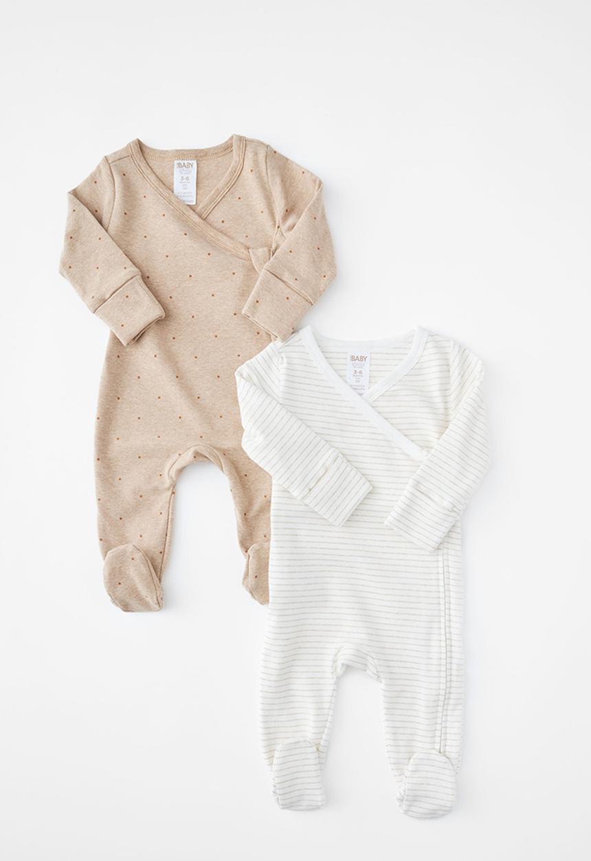 Cotton On - 2Pk Organic Wrap Zip Romper - Caramel Fudge Marle/Spot & Caramel Fudge Marle/Stripe