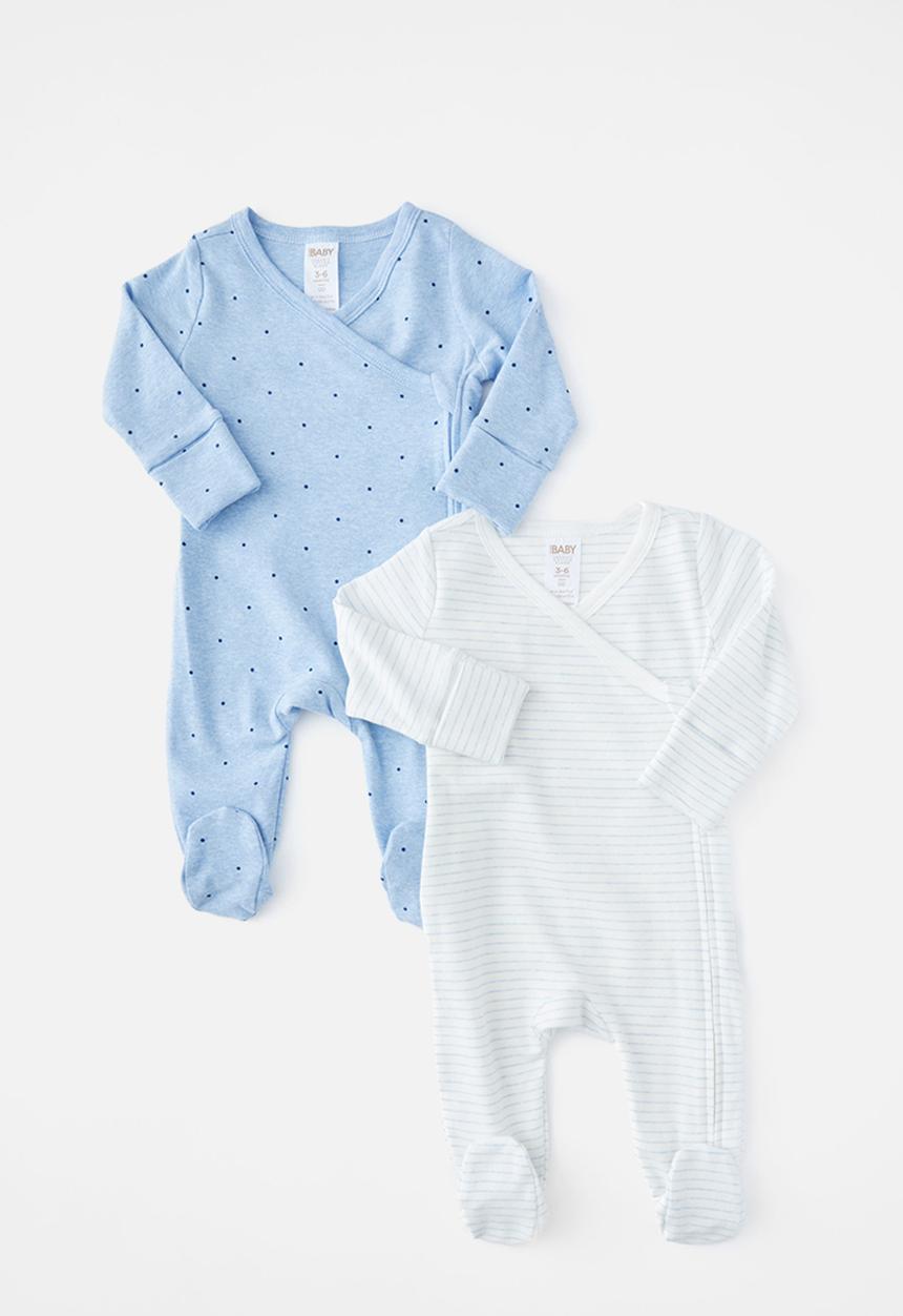 Cotton On - 2Pk Organic Wrap Zip Romper - Bluebell Marle/Spot &Bluebell Marle/Stripe