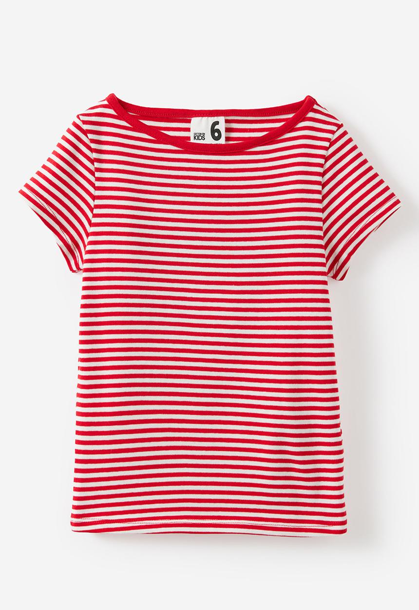 Cotton On - Fitted Short Sleeve Essential Boat Neck Tee - Varsity Red/Vanilla Stripe