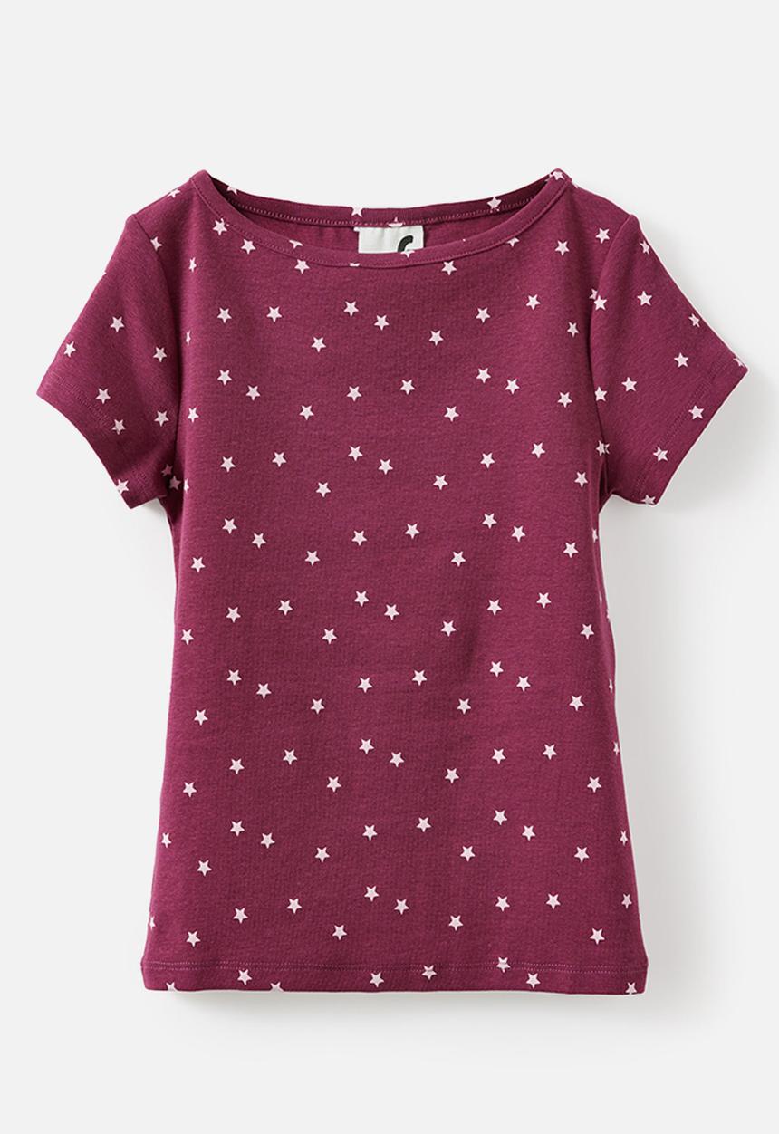 Cotton On - Fitted Short Sleeve Essential Boat Neck Tee - Berry Jam/Star Yardage