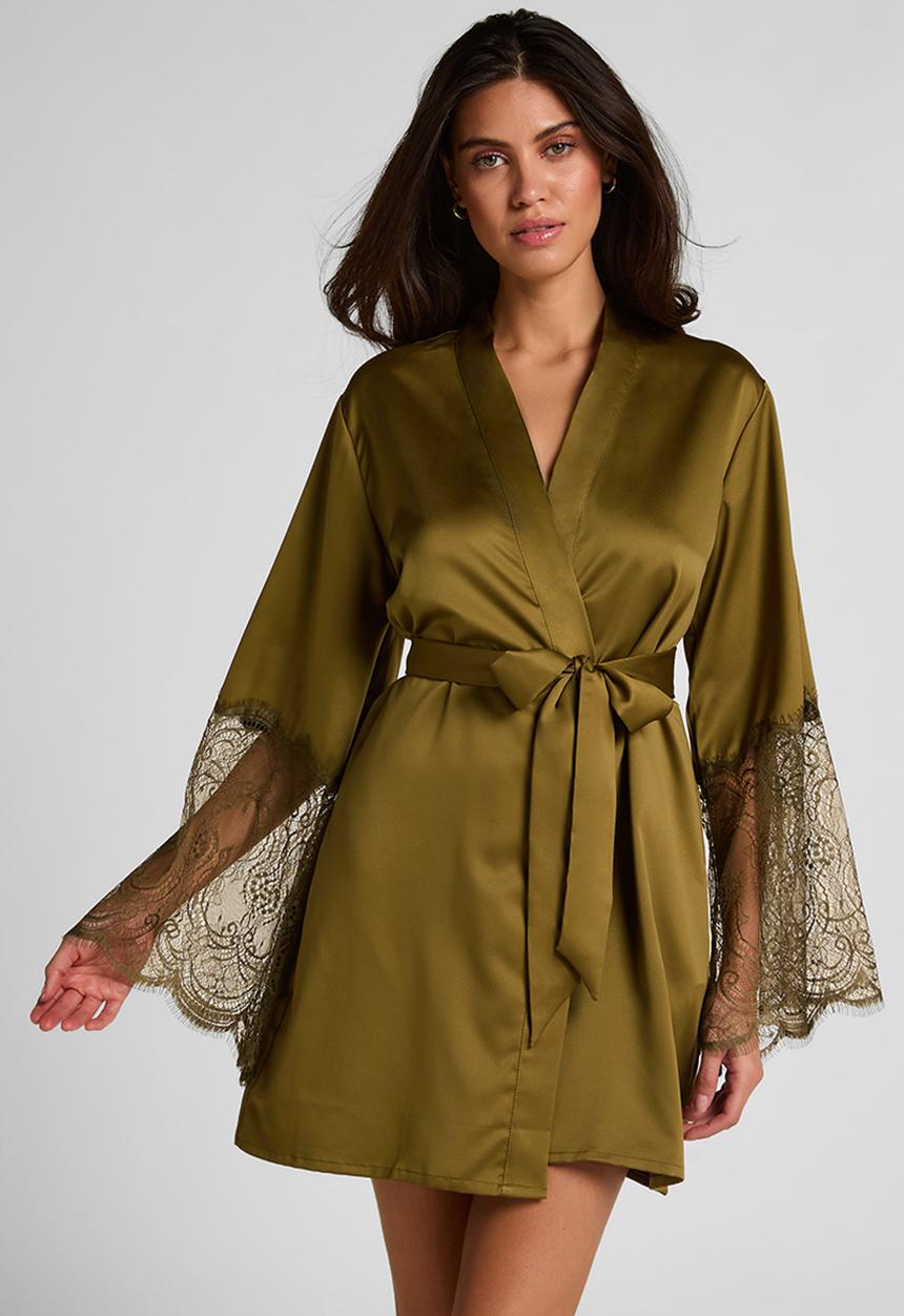 Hunkemoller - Kimono satin lace robe - olive drab